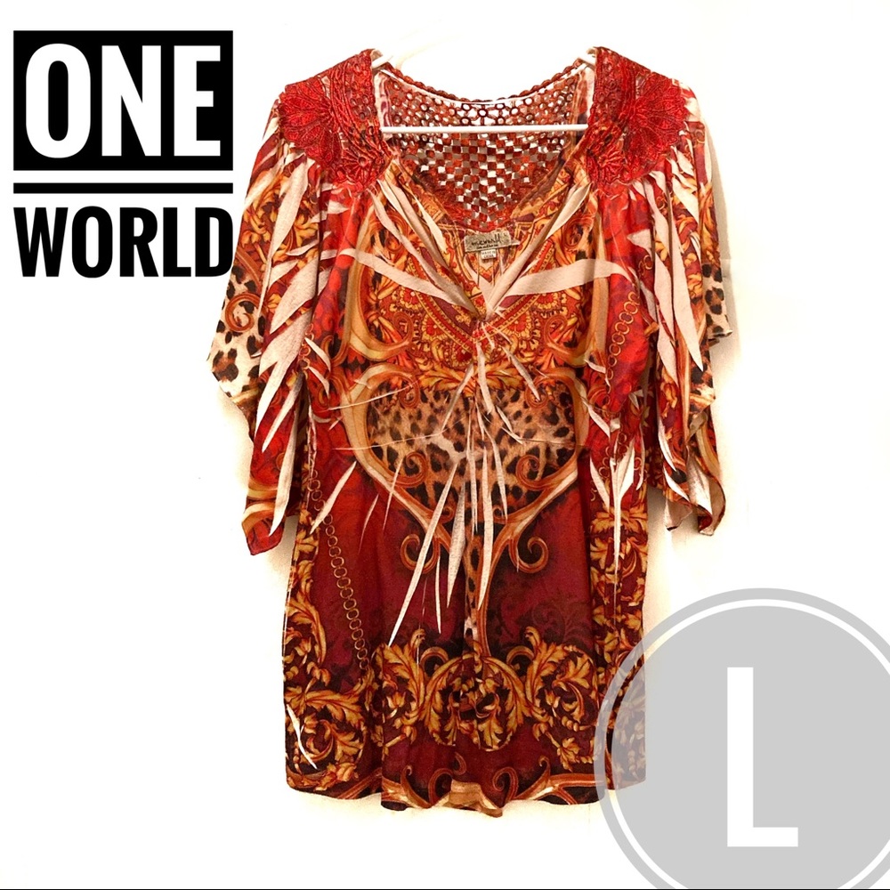 One World Colorful Orange and Red Top With Leopard Print